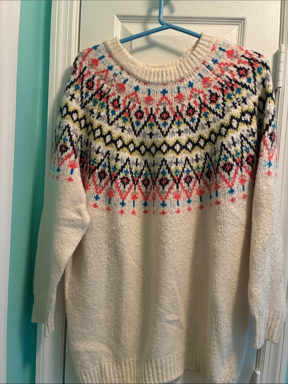 aerie Cream Fair Isle Crewneck Sweater with Coral & Navy Accents